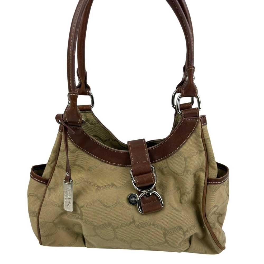 Chaps Tan Jacquard Equestrian Logo Hobo Shoulder Bag Brown Trim Est 1978